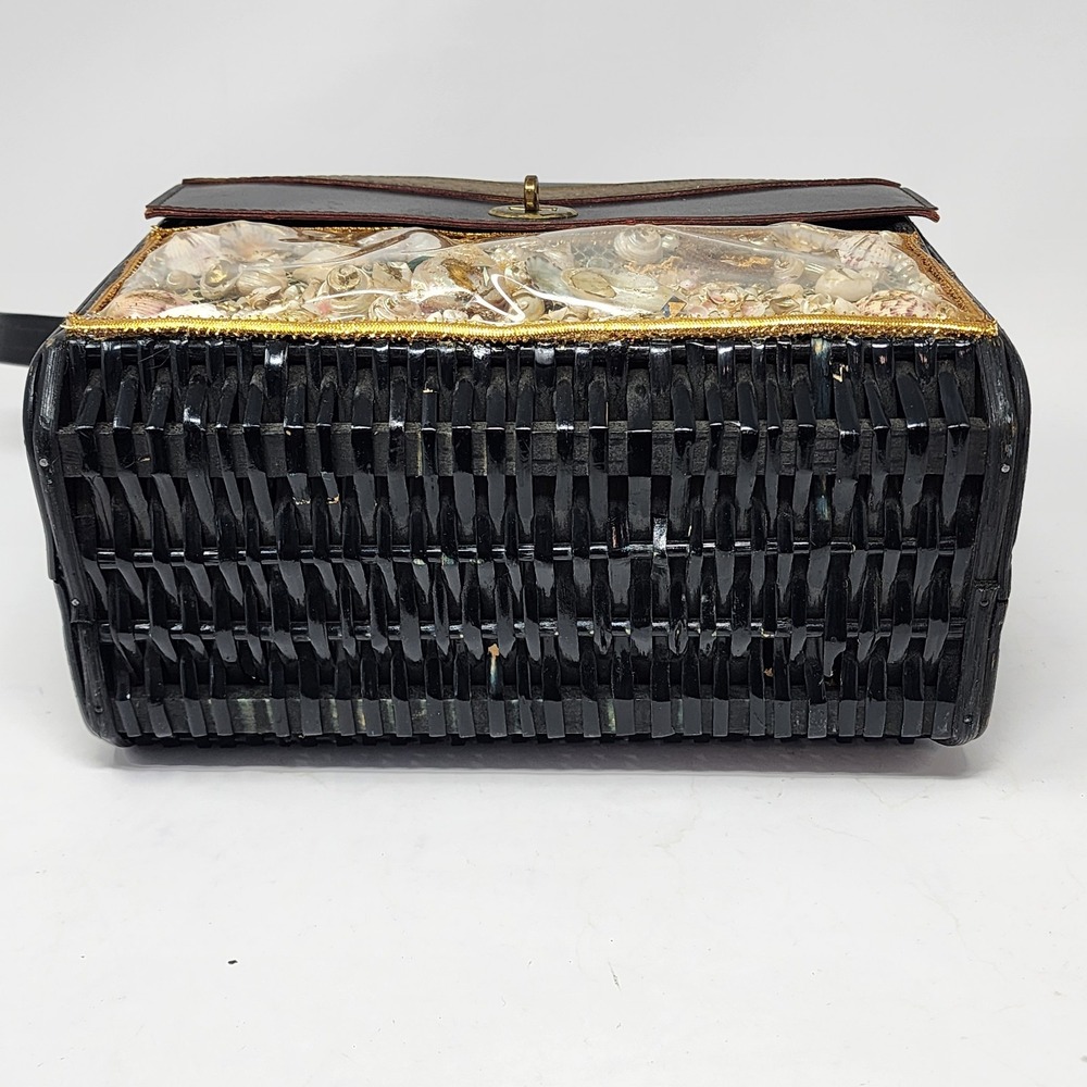 VTG‎ Black Wood Wicker Under the Sea Fish Scene Windowpane Purse Novelty Handbag - Picture 6 of 16